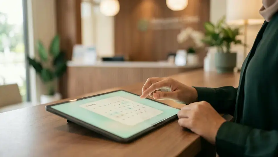 A Malaysian receptionist tapping a booking calendar on a tablet at a reception desk