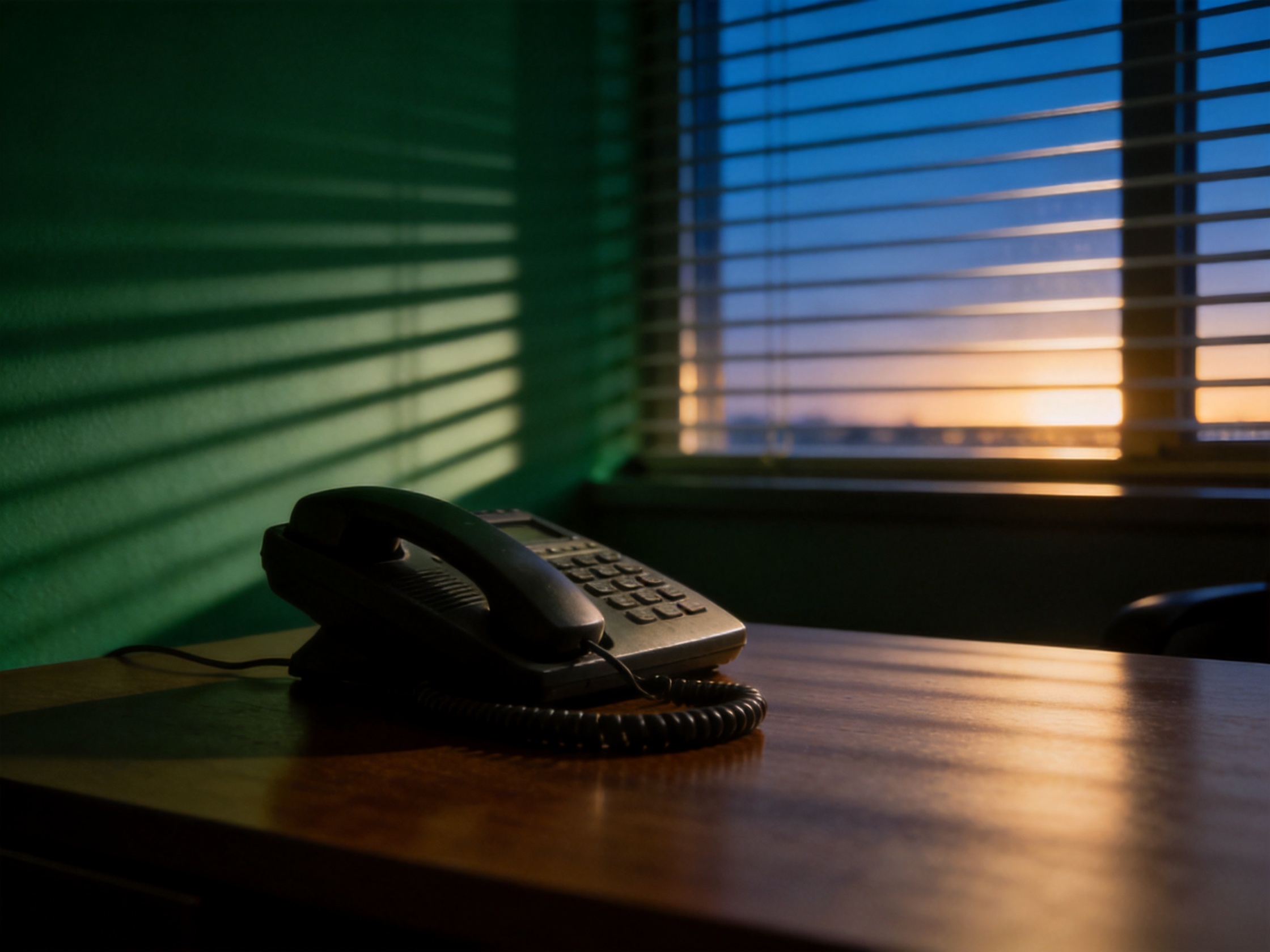 An unanswered phone on a desk in dim evening light