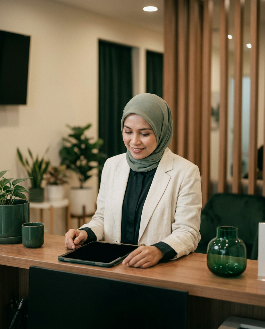 A Malaysian service-business professional in a tudung checking a booking on a tablet at a reception desk